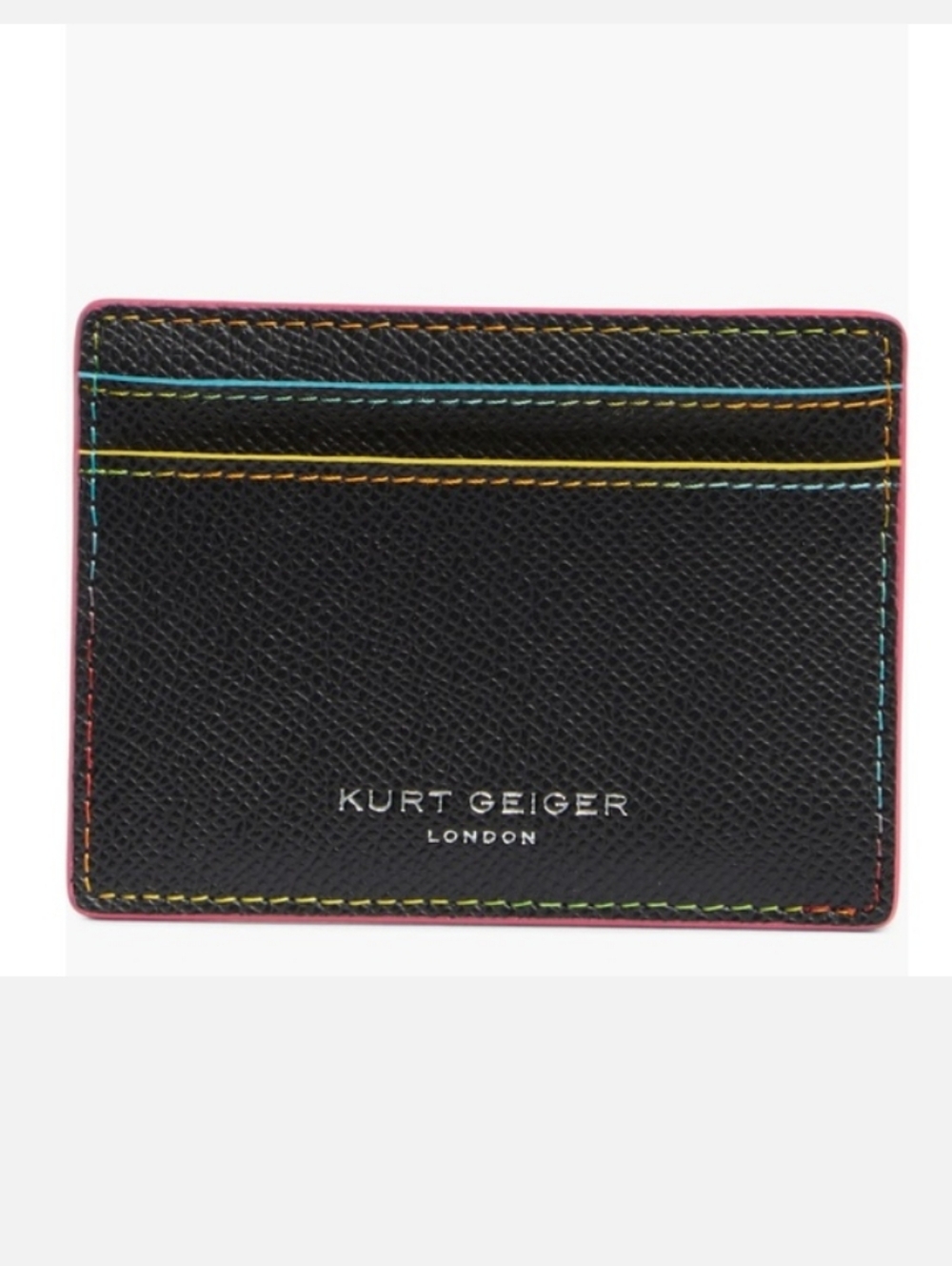 Kurt Geiger Black Leather Card Holder with Rainbow Stitching and Pink Trim New